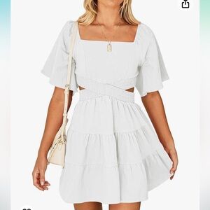 Summer Square Neck Casual Short Crossover Elastic Waist Mini Dress Size Small